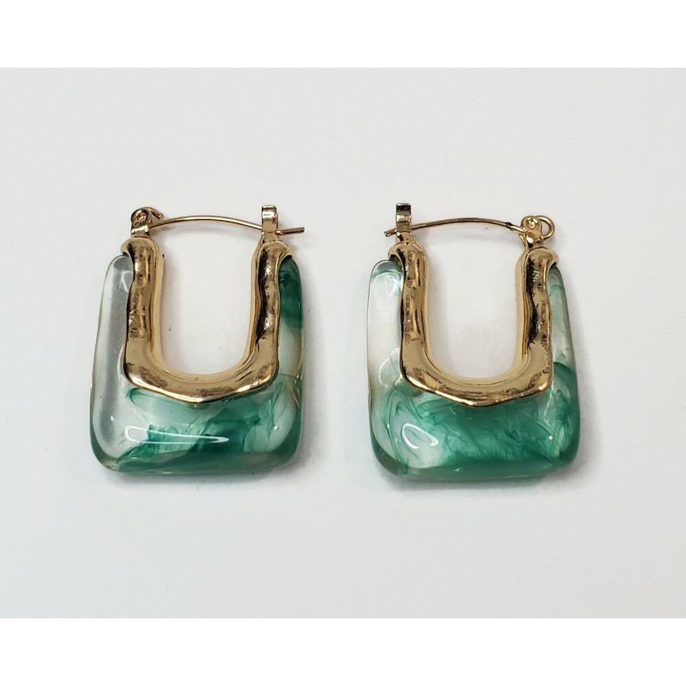 Green Acrylic Gold Tone Hoop Earrings